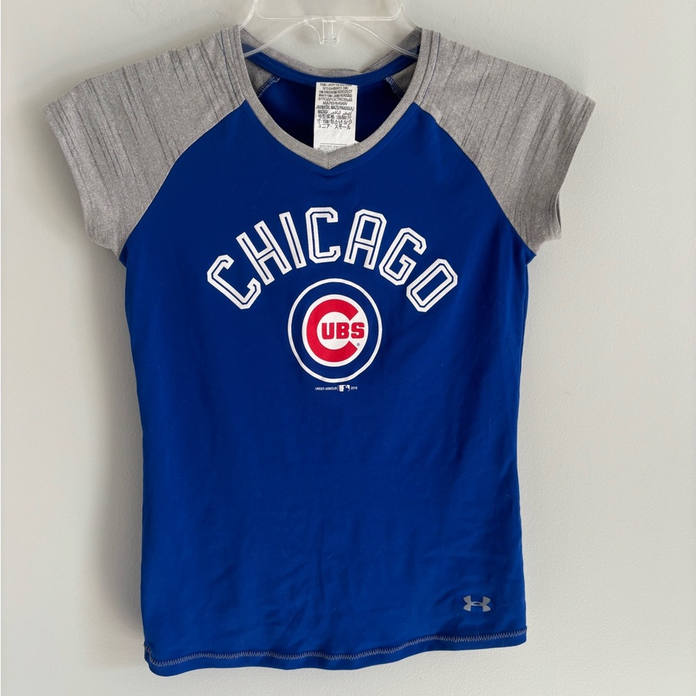 Under Armour Girls Blue and Gray Chicago Cubs Shirt See Pictures Size YSM